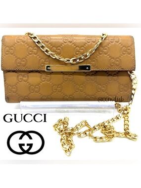 Gucci Guccissima Leather Flap Continental Long Wallet Bifold GG Tan Gold Logo
